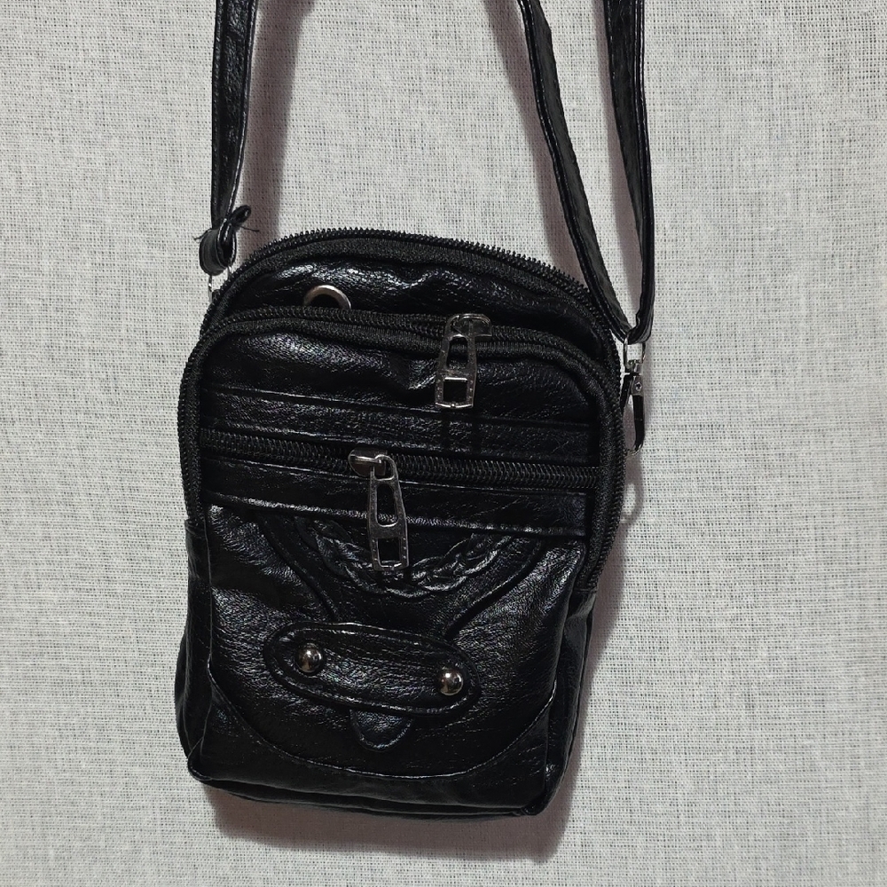 Black‎ Faux Leather Multi Pocket Crossbody Bag Small Travel Shoulder Purse
